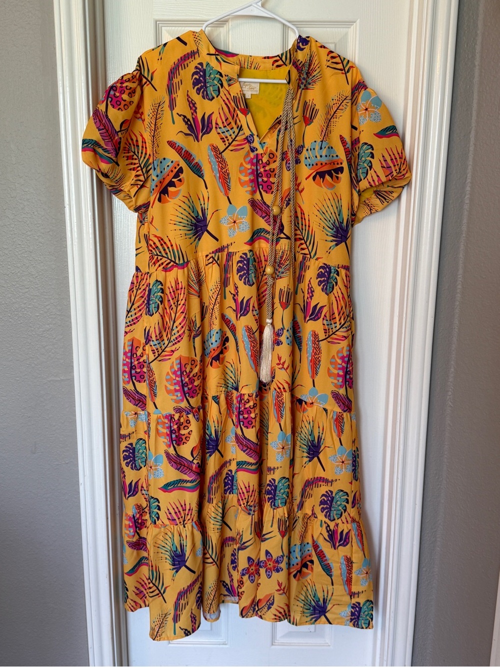 Yellow Tropical Print Maxi Dress with Tassel Tie